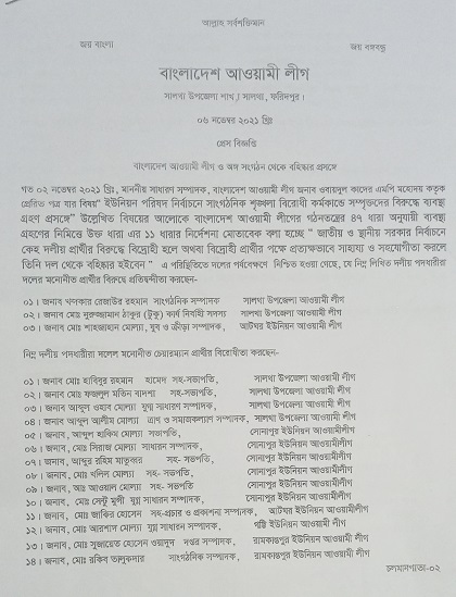 ফরিদপুরের সালথায় আ’লীগের ২১ নেতাকে বহিস্কারের সুপারিশ