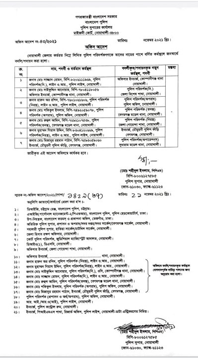 নোয়াখালীতে এক যোগে ৭ পুলিশ কর্মকর্তার রদবদল