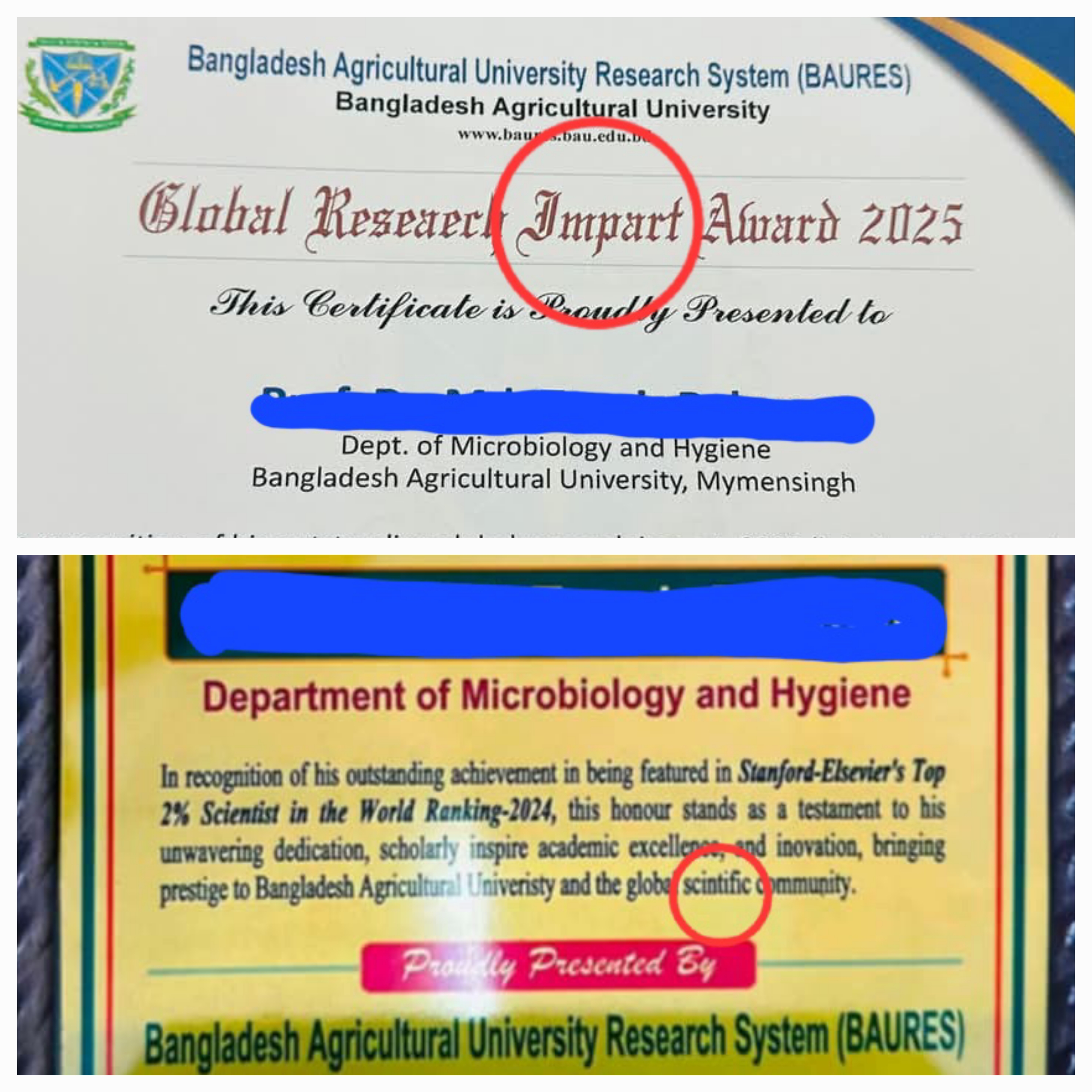 ভুলে ভরা বাউরেস অ্যাওয়ার্ডের সার্টিফিকেট-ক্রেস্ট